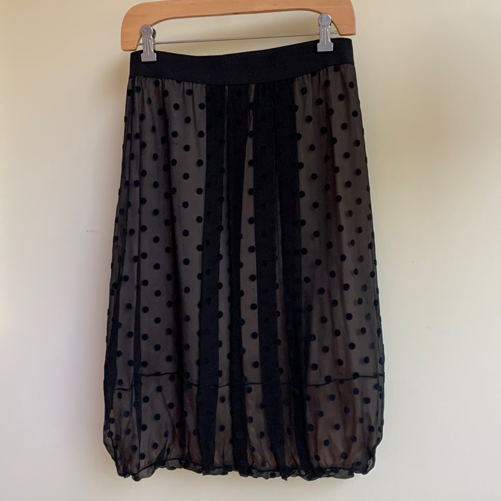 Designer bubble skirt, sheer silk polka dot over beige/tan lining. NWT, medium.